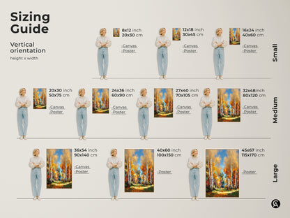 Birch Tree Artwork Sizing Guide. Visualize vertical orientation sizes from small to large. See how the canvas and poster prints fit in your space. Find the perfect size for your home.
