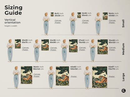 Sizing guide for the vertical tiger and bird art print. Available in small medium and large sizes for canvas or poster. Perfect dimensions for any wall space from bedroom to living room.