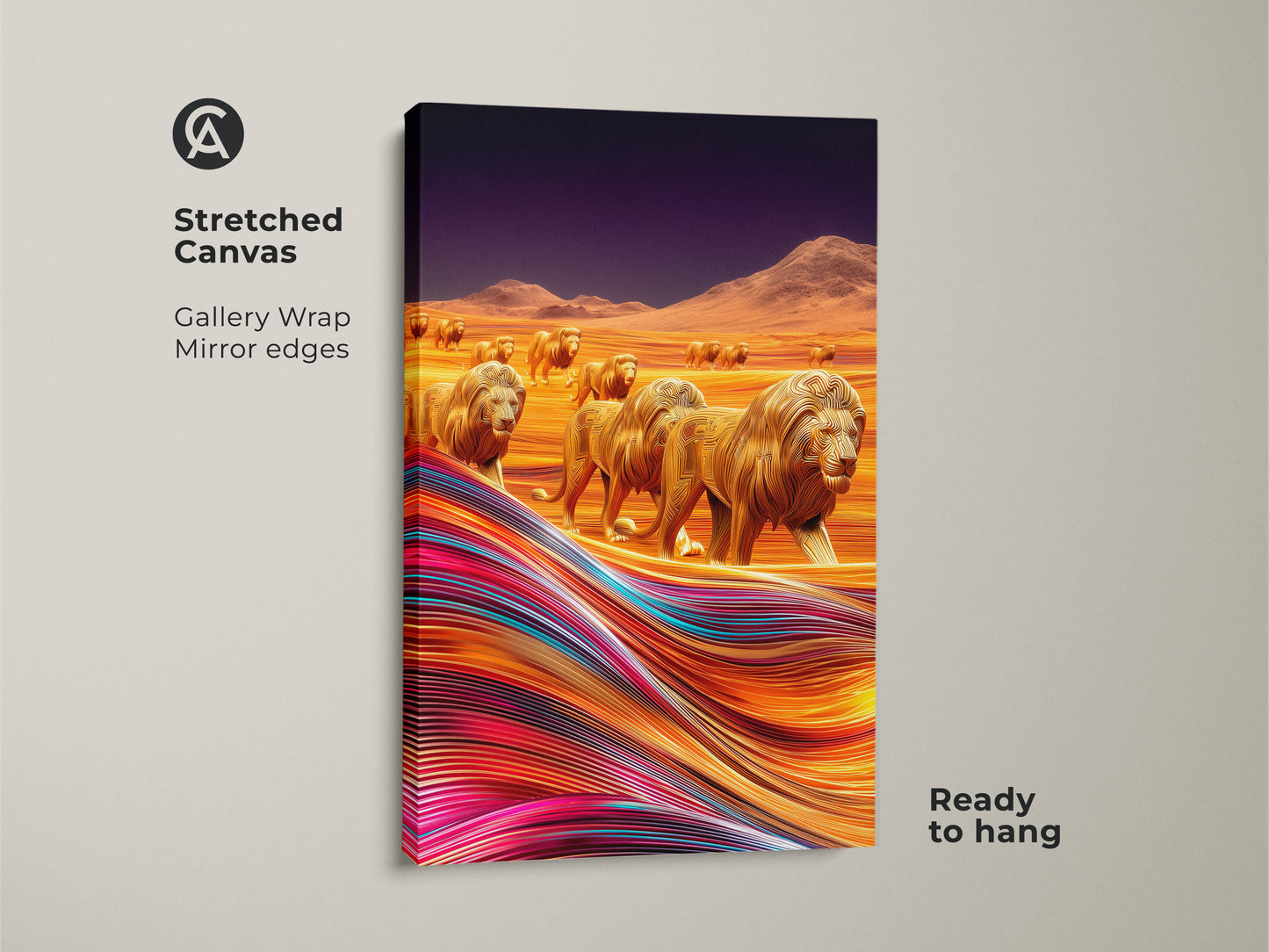 Stretched canvas displays golden lions walking through a colorful desert. This gallery-wrapped canvas features mirrored edges and is ready to hang. It’s a modern wildlife decor piece. The artwork adds a touch of abstract savanna art.