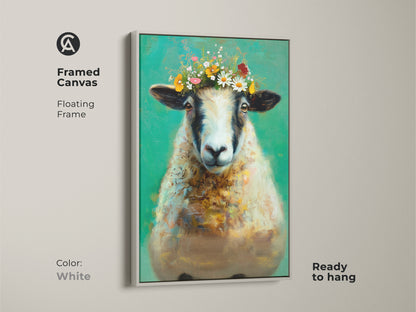 Framed canvas art of a sheep with a floral crown. The white floating frame offers a clean modern look. The emerald green and teal backdrop complements the folk art animal art. Ready to hang this whimsical animal print adds charm to any space. Great as a gift for animal lovers.
