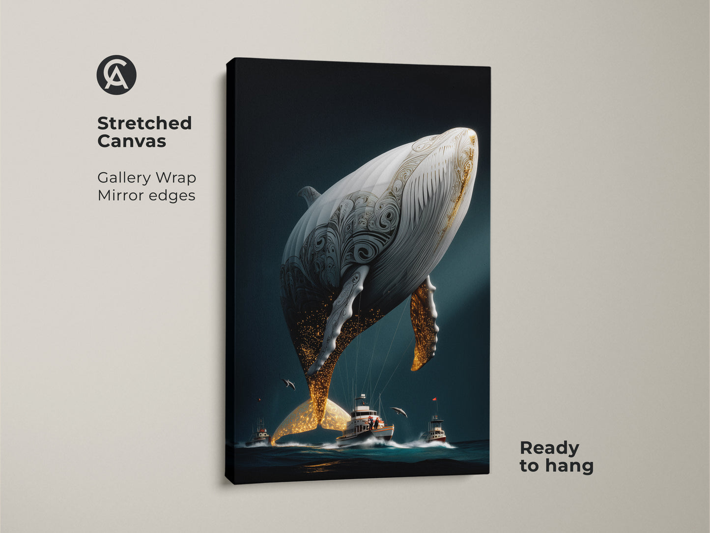 Stretched canvas showcasing surreal whale canvas art. The artwork shows a dark teal ocean print with gold whale artwork. It's a perfect piece for fantasy art bedroom decor. This eclectic whale decor will enhance any space. It comes ready to hang and adds a nautical touch.