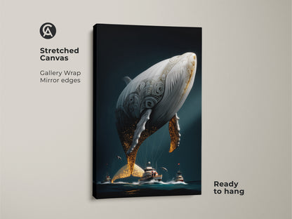 Stretched canvas showcasing surreal whale canvas art. The artwork shows a dark teal ocean print with gold whale artwork. It's a perfect piece for fantasy art bedroom decor. This eclectic whale decor will enhance any space. It comes ready to hang and adds a nautical touch.