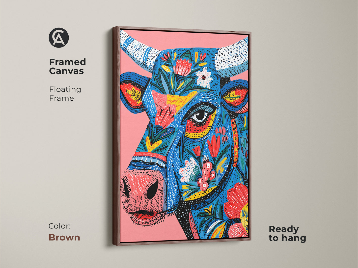Framed canvas print of a floral bull artwork with a brown floating frame. This beautiful piece is ready to hang. The warm tones of the frame complement the vibrant colors of the bull. Elevate your home decor with this animal art print. Order now.