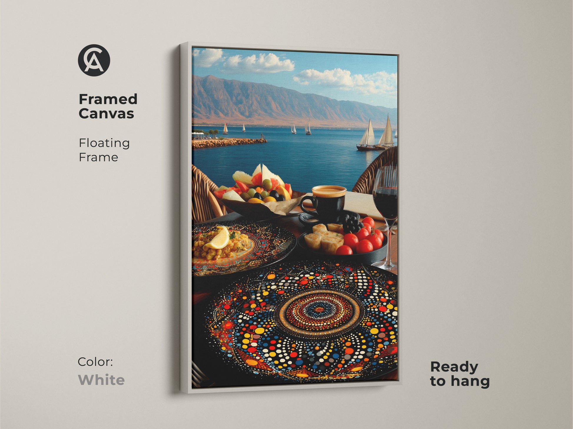 Framed canvas with floating frame presents a Mediterranean seascape. Folk art combines sailboats and a fruit platter that captures an artistic still life. The mandala plate art is perfect for coastal living spaces. This colorful red blue artwork is ready to hang