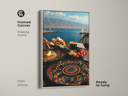 Framed canvas with floating frame presents a Mediterranean seascape. Folk art combines sailboats and a fruit platter that captures an artistic still life. The mandala plate art is perfect for coastal living spaces. This colorful red blue artwork is ready to hang