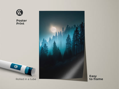 Easy-to-frame poster print of a serene moonlit forest. The deep blue and teal hues create a calming nature landscape. Rolled in a tube for safe shipping and display.