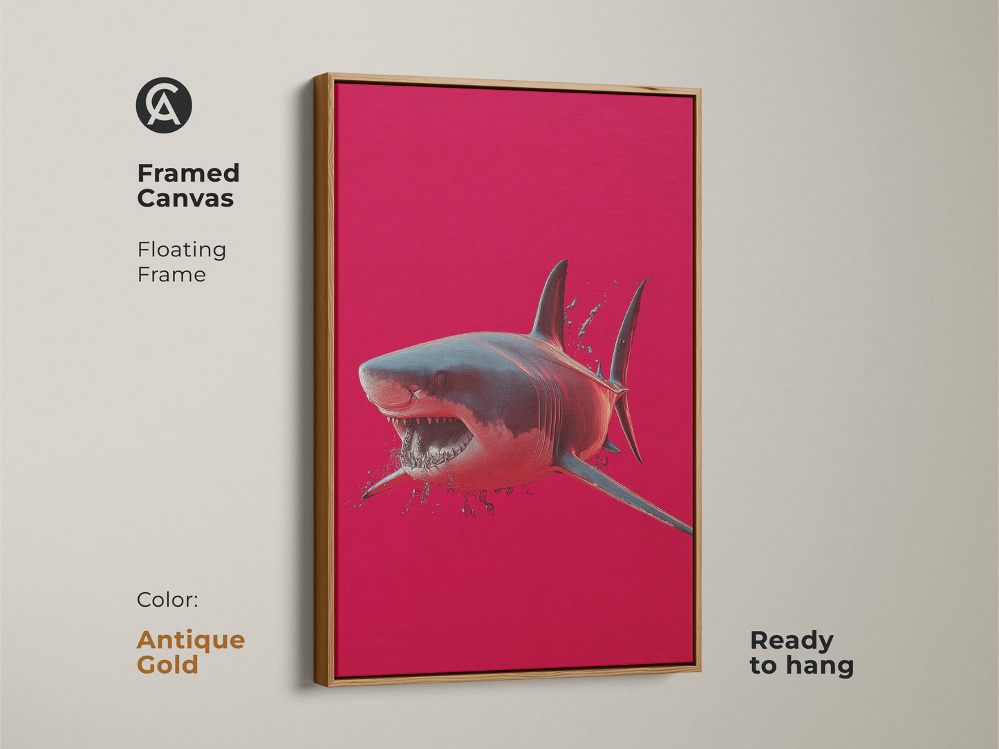 A framed canvas displays great white shark art. An antique gold floating frame enhances the crimson ocean wall art. Ready to hang this red animal print is perfect. Great gift for shark lovers.