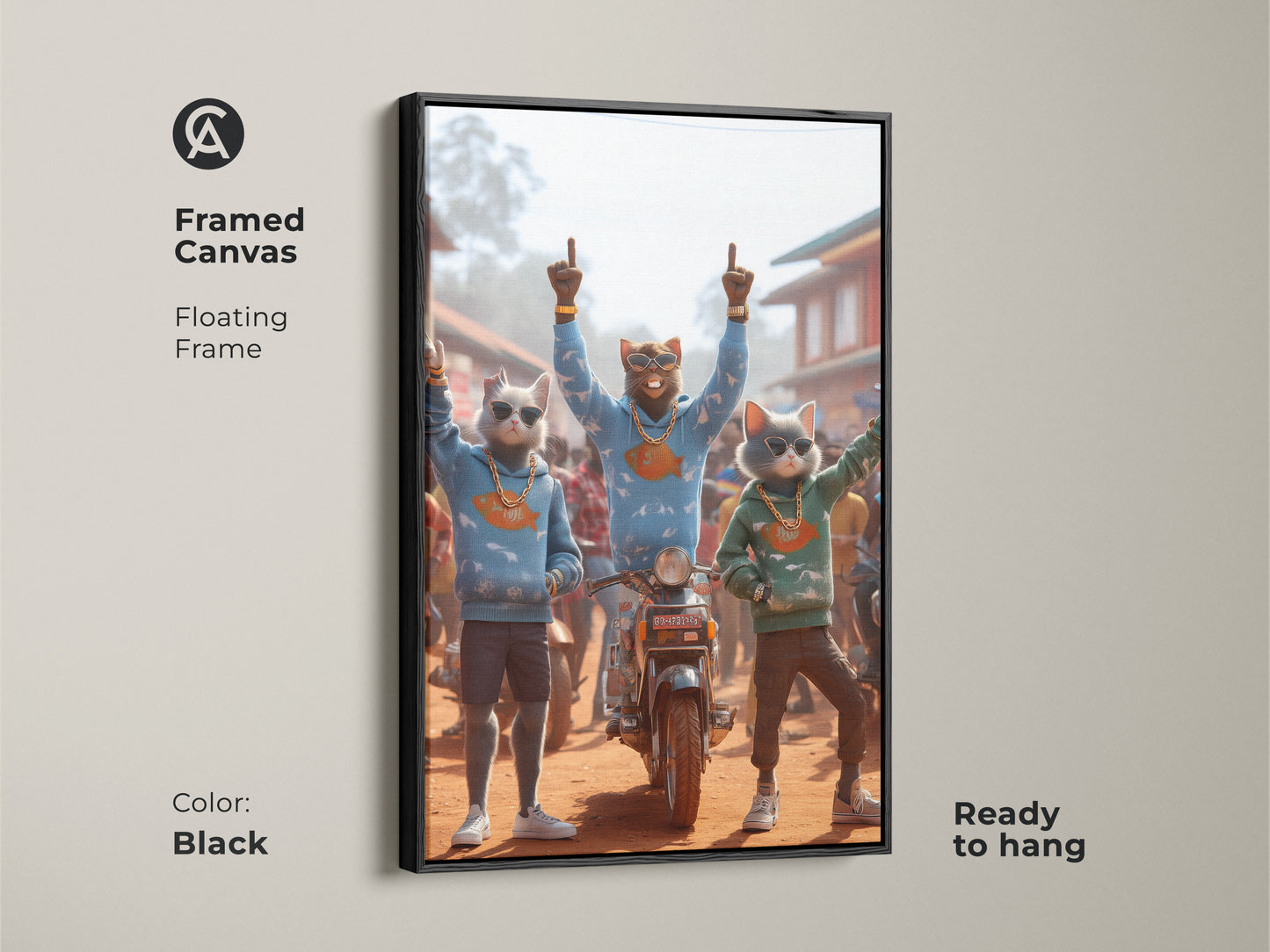 Framed canvas art with a floating frame featuring three stylish cat characters. They are posing next to a motorcycle. The artwork is ready to hang. The black frame enhances the art. Add some urban cool to your home decor.