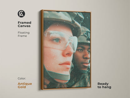 View framed canvas art. This artwork features two soldiers. It has an antique gold floating frame. The canvas is ready to hang. This framed art provides a finished look. It complements modern interiors effortlessly.