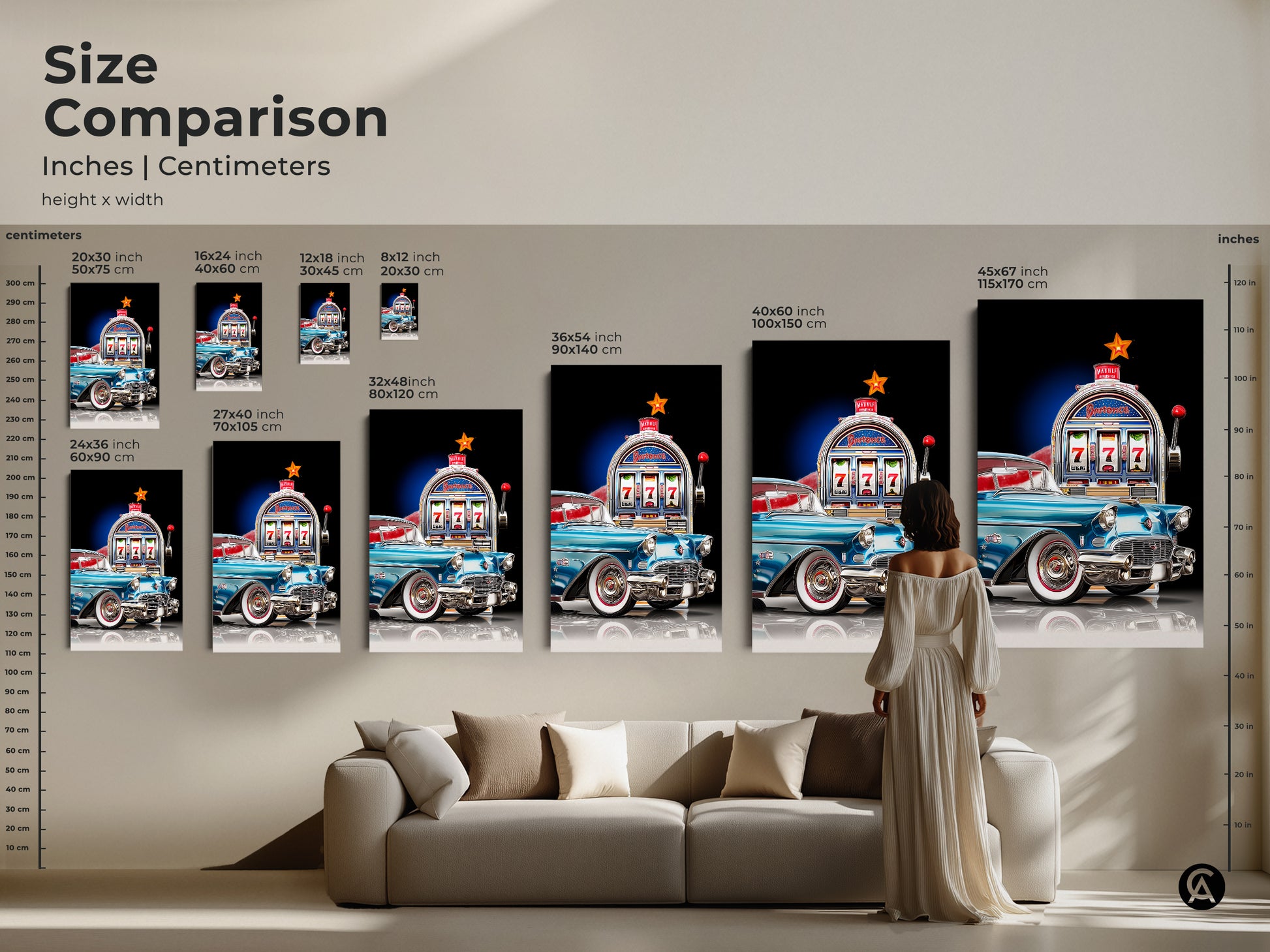 Size comparison of retro car and slot machine art prints in inches and centimeters. See how this mid-century modern artwork looks above a sofa. Perfect for planning your wall decor. Available in canvas and poster prints from small to large sizes for any room.