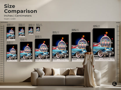 Size comparison of retro car and slot machine art prints in inches and centimeters. See how this mid-century modern artwork looks above a sofa. Perfect for planning your wall decor. Available in canvas and poster prints from small to large sizes for any room.