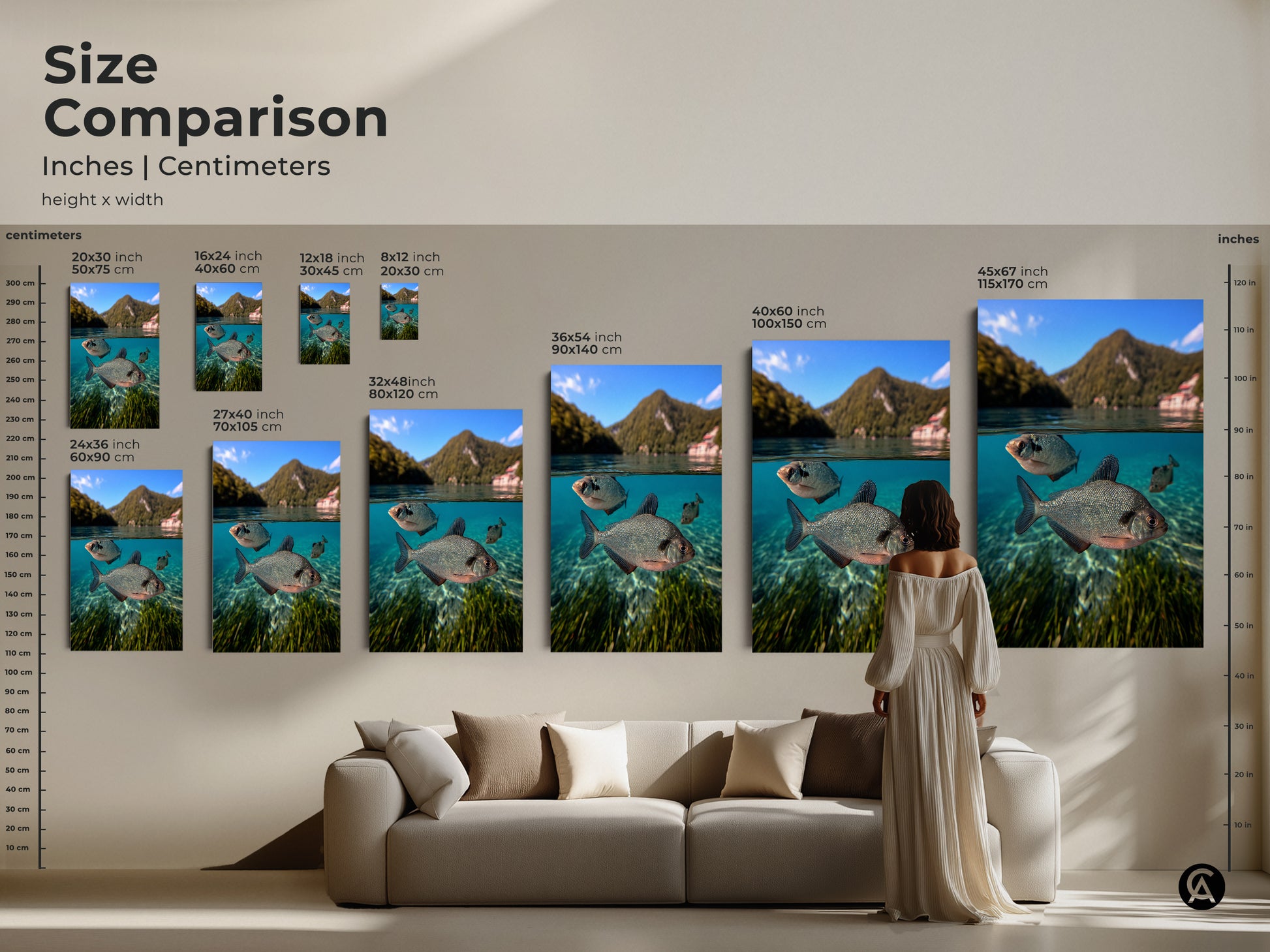 Size Comparison of blue green fish art. Explore canvas and poster dimensions. See how different sizes fit above a couch. Visualize 16x24 to 45x67 inch prints. Find the perfect scale for your lake scene wall art.