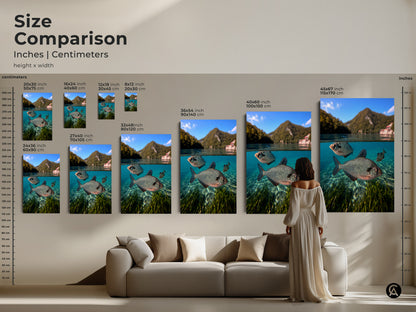 Size Comparison of blue green fish art. Explore canvas and poster dimensions. See how different sizes fit above a couch. Visualize 16x24 to 45x67 inch prints. Find the perfect scale for your lake scene wall art.