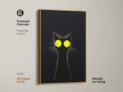 Antique gold framed canvas print featuring a minimalist black cat with yellow eyes. This ready to hang artwork brings eclectic charm and modern cat art to any space. Perfect for cat people this unique cat print makes a delightful gift and adds a touch of humor to your home decor.
