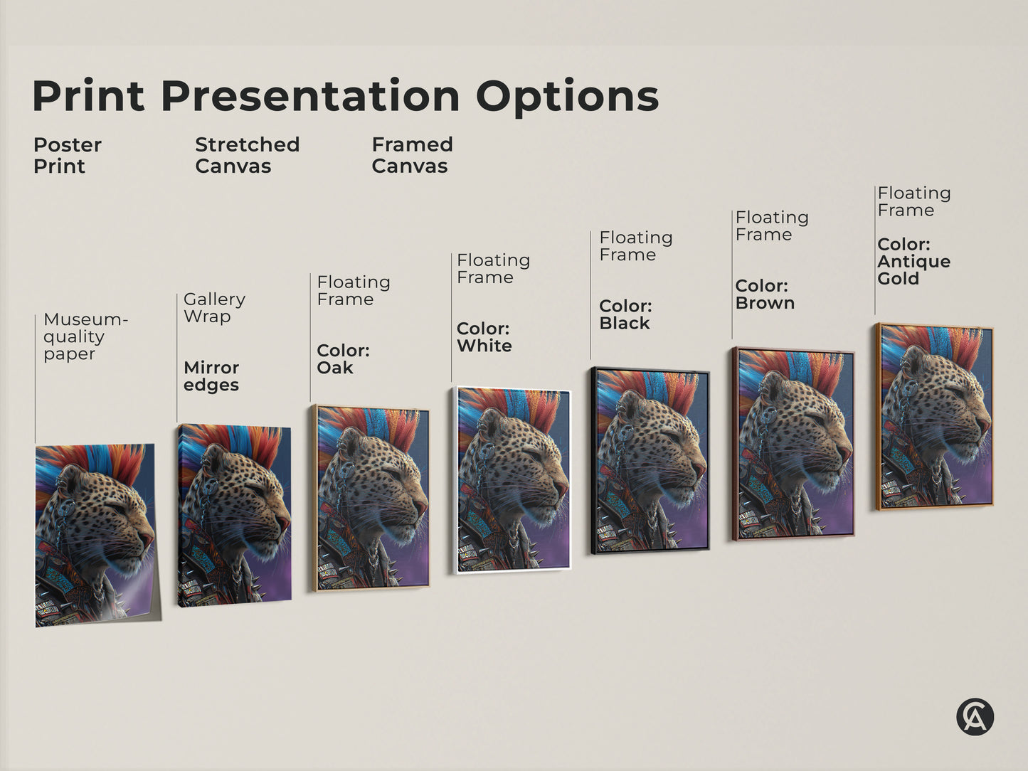 Explore print options for punk leopard art canvas. This eclectic wall decor suits any space. Each print features a mohawk animal showcasing a cyberpunk aesthetic. Choose between a poster or stretched canvas. Each option has unique features for adding a unique art piece.