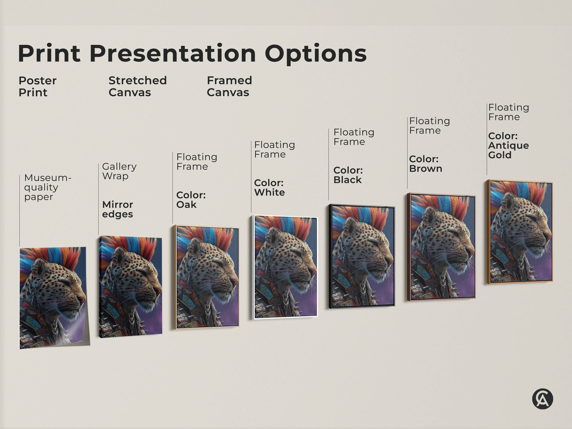Explore print options for punk leopard art canvas. This eclectic wall decor suits any space. Each print features a mohawk animal showcasing a cyberpunk aesthetic. Choose between a poster or stretched canvas. Each option has unique features for adding a unique art piece.