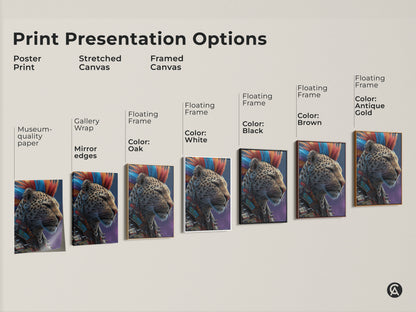 Explore print options for punk leopard art canvas. This eclectic wall decor suits any space. Each print features a mohawk animal showcasing a cyberpunk aesthetic. Choose between a poster or stretched canvas. Each option has unique features for adding a unique art piece.