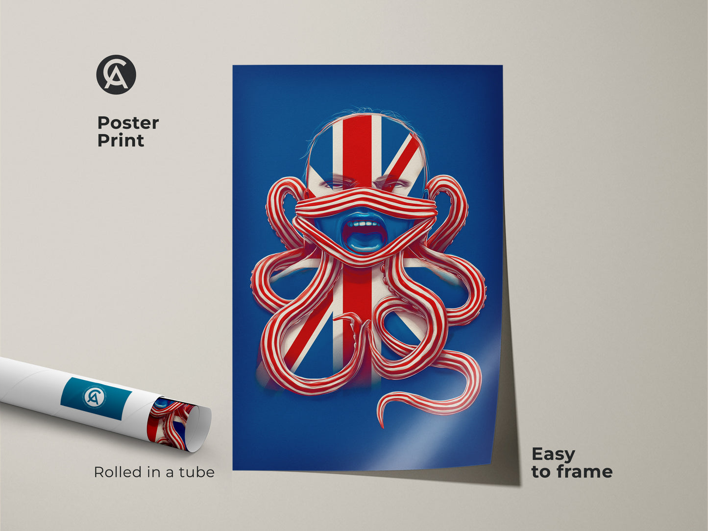 Poster print of British Patriotism Octopus Face Wall Art. The surreal Union Jack canvas print is easy to frame. Featuring a blue and red abstract octopus it is a perfect eclectic artwork.