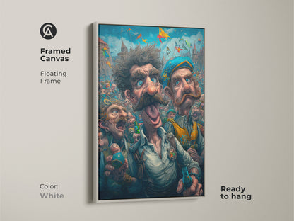 Framed canvas artwork with a white floating frame. The art features a lively festival scene with a crowd. Three expressive men are shown. Ready to hang this framed canvas adds a clean modern touch to any room.