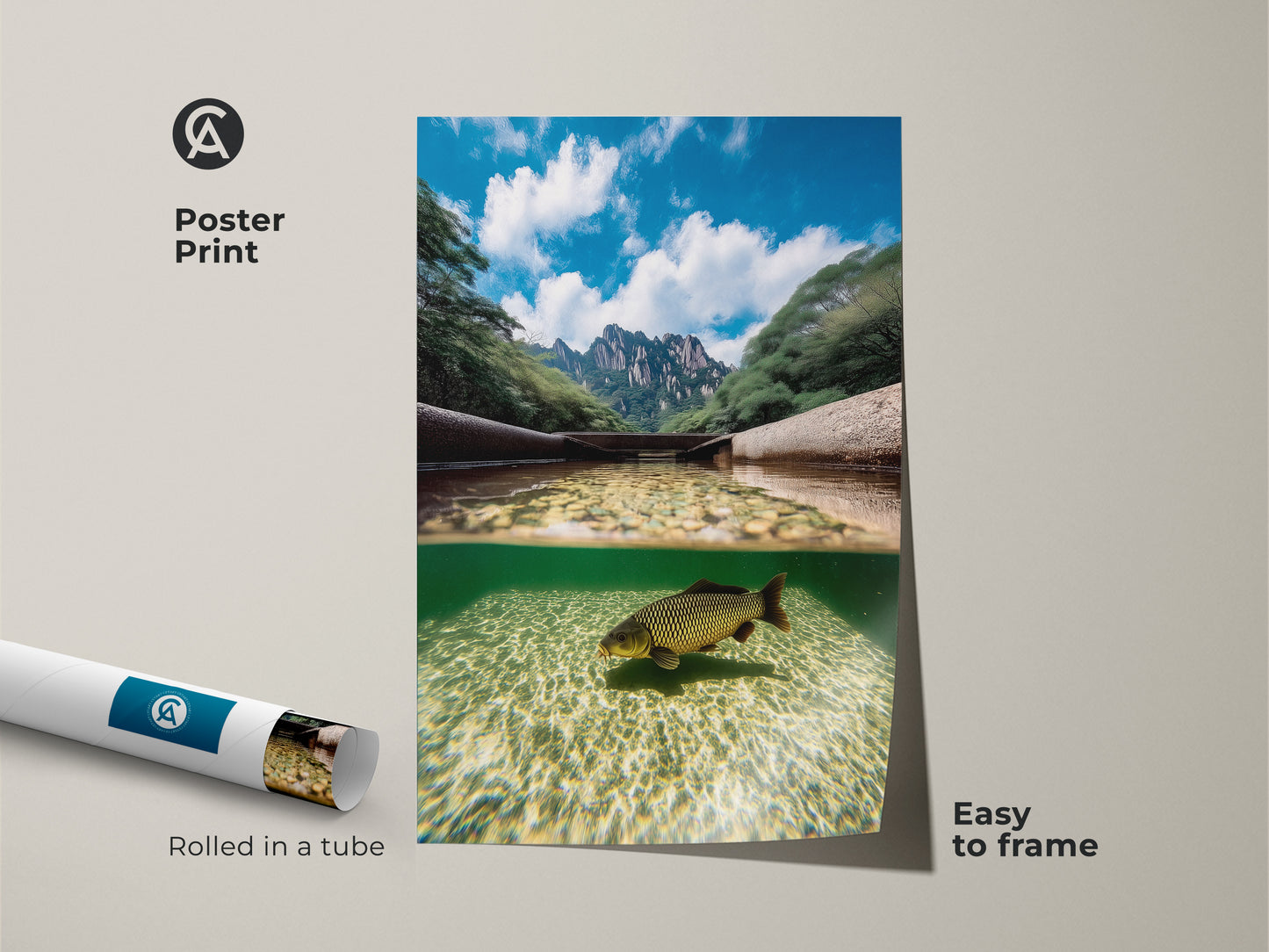 This poster print displays a carp swimming underwater in a split view art. Above are majestic mountains under a blue sky. This nature scene decor is rolled in a tube and easy to frame. Ideal as angler home decor or a housewarming nature gift.