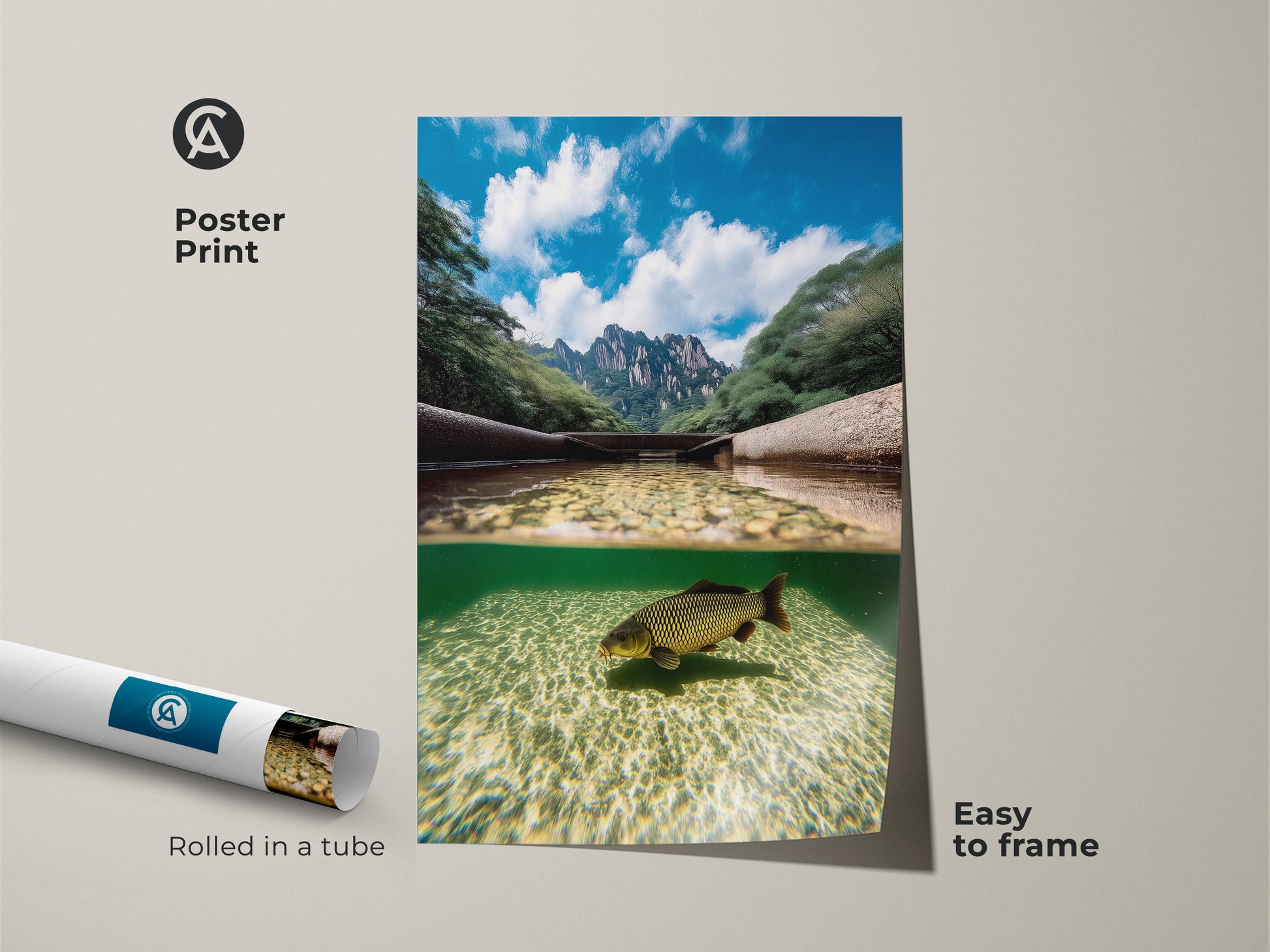 This poster print displays a carp swimming underwater in a split view art. Above are majestic mountains under a blue sky. This nature scene decor is rolled in a tube and easy to frame. Ideal as angler home decor or a housewarming nature gift.