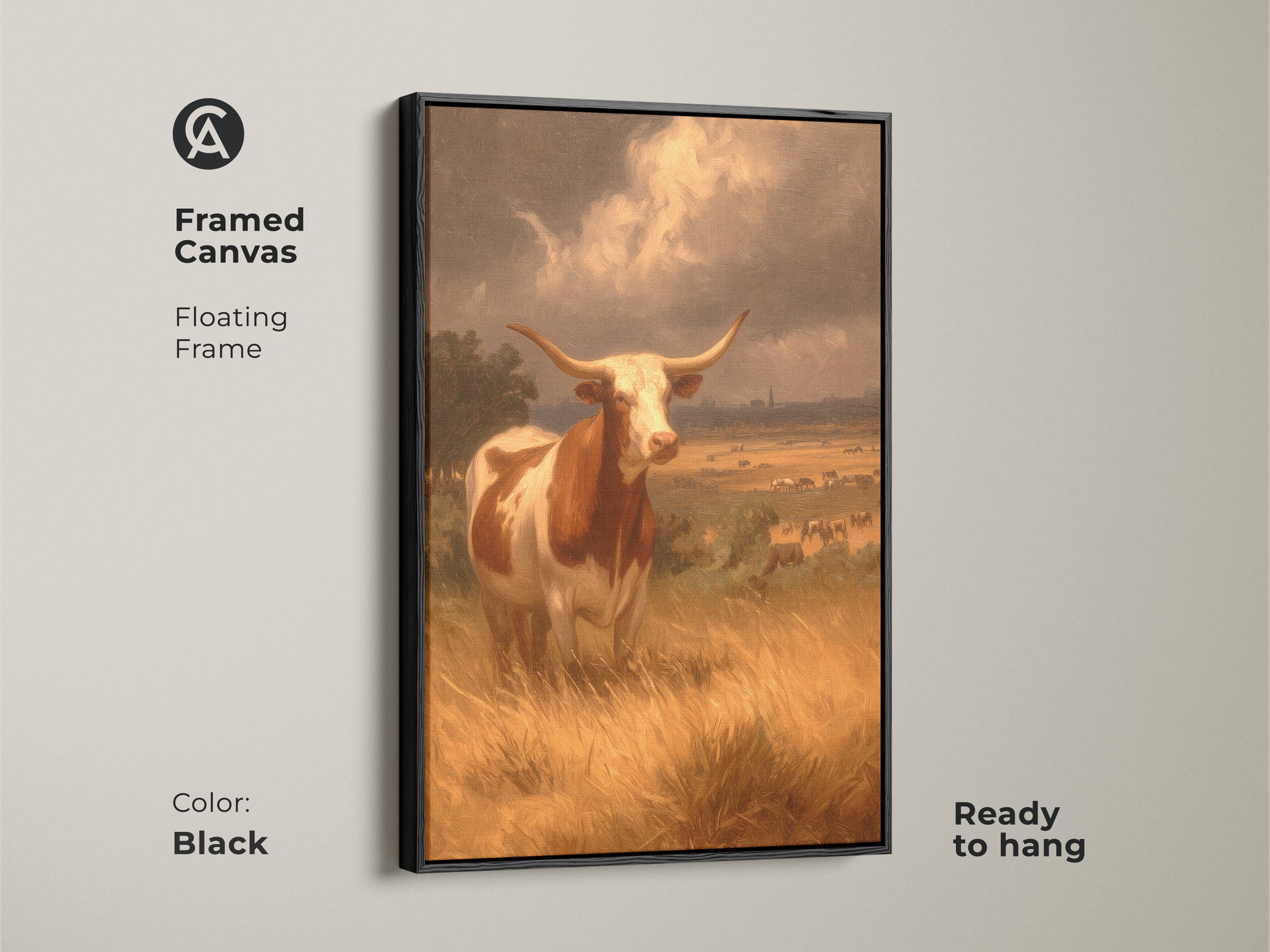 Elevate your decor with this framed canvas featuring a Longhorn painting. The floating black frame enhances the artwork's visual appeal. This piece is ready to hang. The detailed landscape and striking composition create a captivating display. Perfect for Western-themed interiors.