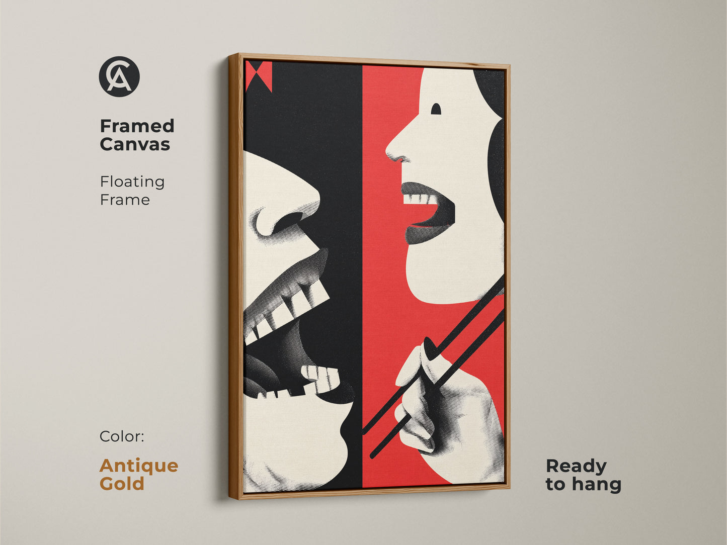Antique gold framed canvas featuring abstract mouth and chopsticks. This art is an eclectic kitchen wall decor. It's a unique foodie gift idea. The red cream and black artwork is ready to hang adding retro flair.