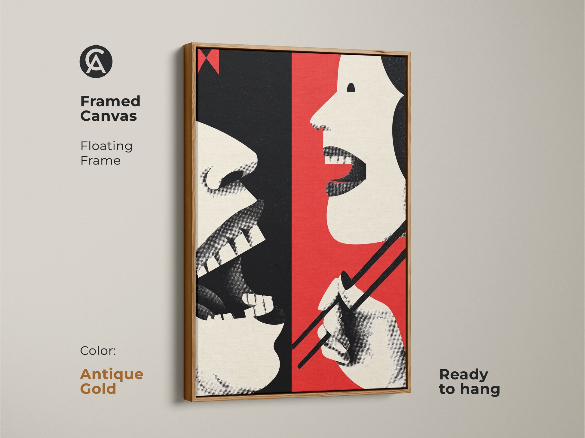 Antique gold framed canvas featuring abstract mouth and chopsticks. This art is an eclectic kitchen wall decor. It's a unique foodie gift idea. The red cream and black artwork is ready to hang adding retro flair.
