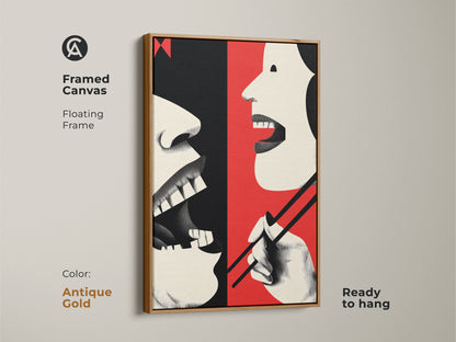 Antique gold framed canvas featuring abstract mouth and chopsticks. This art is an eclectic kitchen wall decor. It's a unique foodie gift idea. The red cream and black artwork is ready to hang adding retro flair.