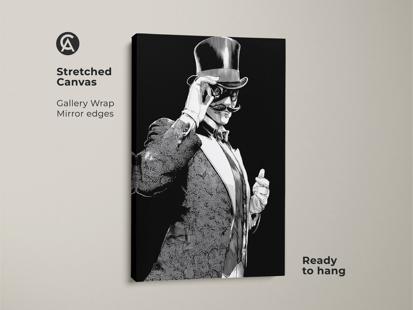 Gallery wrapped canvas featuring an art deco gentleman. A vintage man with a top hat is showcased in a black and white ink drawing. Ready to hang this portrait makes a unique home decor statement.