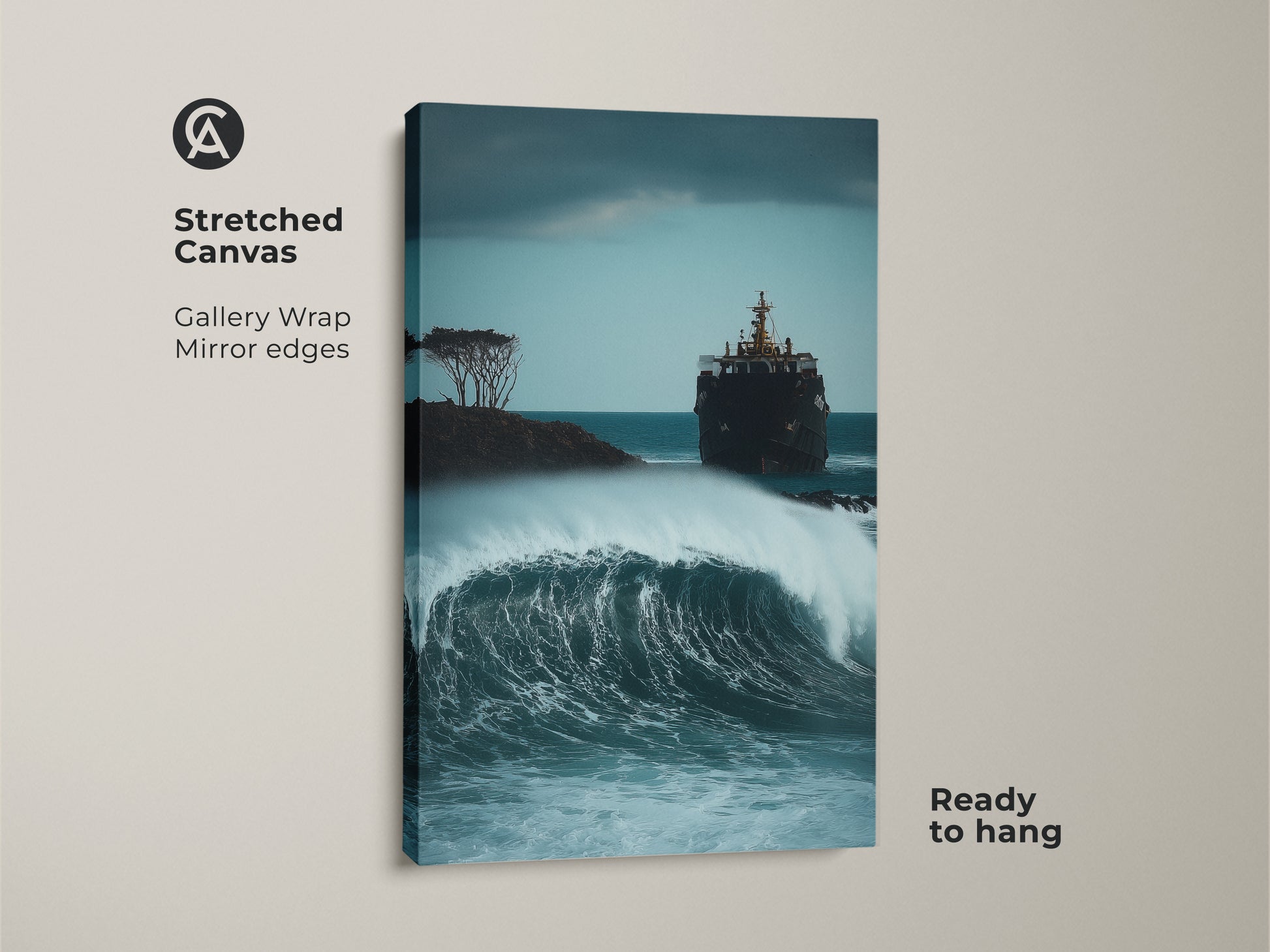 Stretched canvas showcases a nautical shipwreck art print. The ocean waves crash near a stranded ship. This coastal home accent print uses deep blue and gray colors. It's ready to hang.