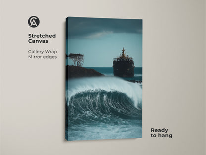 Stretched canvas showcases a nautical shipwreck art print. The ocean waves crash near a stranded ship. This coastal home accent print uses deep blue and gray colors. It's ready to hang.