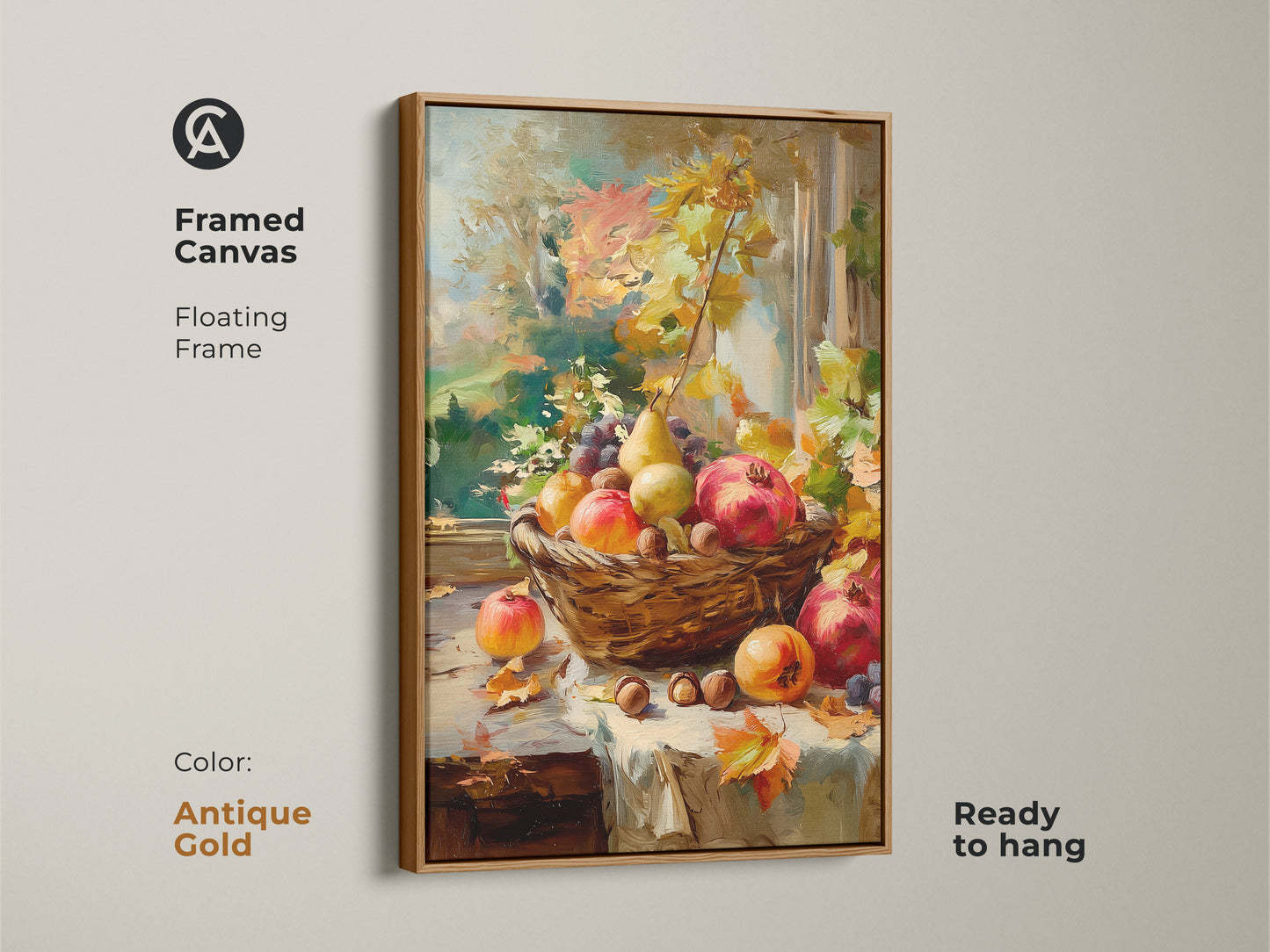 Framed canvas featuring a still life of autumn fruits in a basket. Floating frame in antique gold. The artwork includes pomegranates pears grapes and nuts. Ready to hang and creates a luxurious feel in your home.