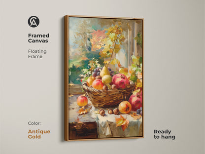 Framed canvas featuring a still life of autumn fruits in a basket. Floating frame in antique gold. The artwork includes pomegranates pears grapes and nuts. Ready to hang and creates a luxurious feel in your home.