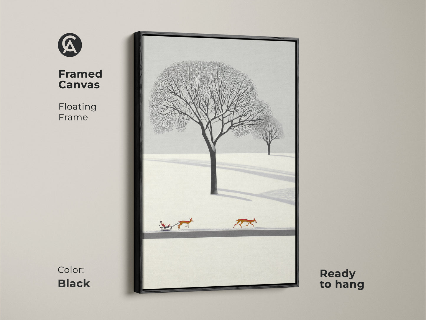 Framed canvas in black of a minimalist winter landscape wall art. This artwork features deer pulling a sleigh. The Scandinavian nature artwork is perfect cozy bedroom wall decor. A Christmas gift idea for nature lovers. This winter scene art print has a flat design. The snow landscape canvas uses Nordic style home decor.