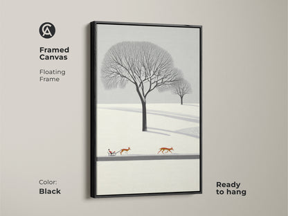 Framed canvas in black of a minimalist winter landscape wall art. This artwork features deer pulling a sleigh. The Scandinavian nature artwork is perfect cozy bedroom wall decor. A Christmas gift idea for nature lovers. This winter scene art print has a flat design. The snow landscape canvas uses Nordic style home decor.