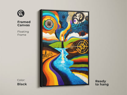 A framed canvas features abstract art of a lighthouse and bicycles. The floating frame is black. The artwork's orange and blue tones provide an inspirational touch. Ready to hang in any eclectic home.