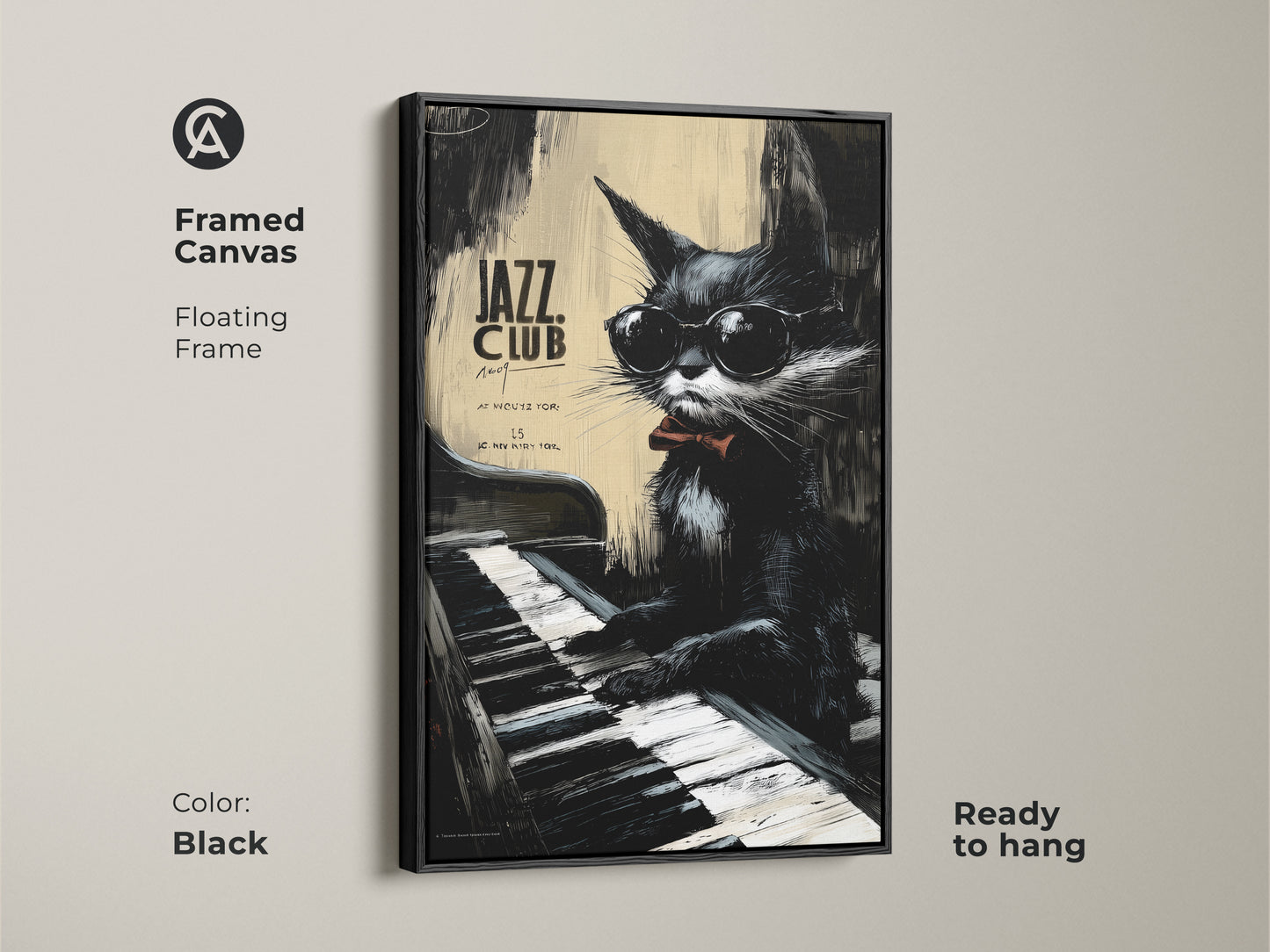 Framed canvas featuring a jazz cat playing piano. The frame color is black. The cat wears sunglasses and a bow tie. This floating frame artwork is ready to hang. Enjoy cool jazz style in your home.