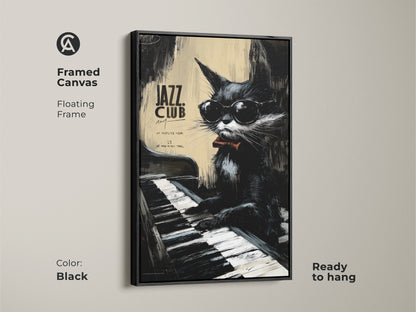 Framed canvas featuring a jazz cat playing piano. The frame color is black. The cat wears sunglasses and a bow tie. This floating frame artwork is ready to hang. Enjoy cool jazz style in your home.
