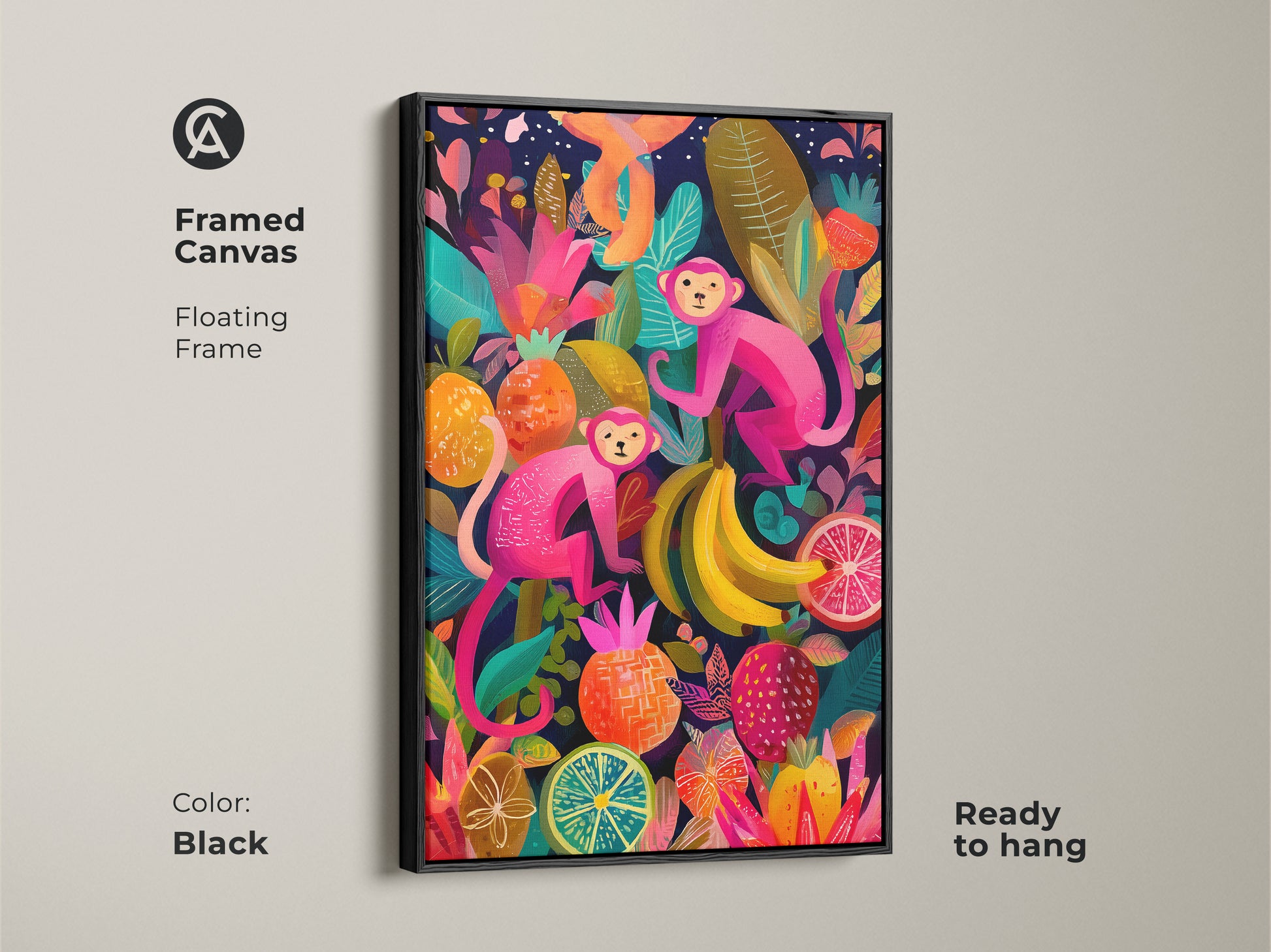 Framed canvas artwork features two pink monkeys surrounded by tropical fruits and lush jungle flora. A black floating frame enhances the colorful animal artwork. Ready to hang this canvas print adds an eclectic touch to your home decor. It's vibrant playful and ready to brighten any room.