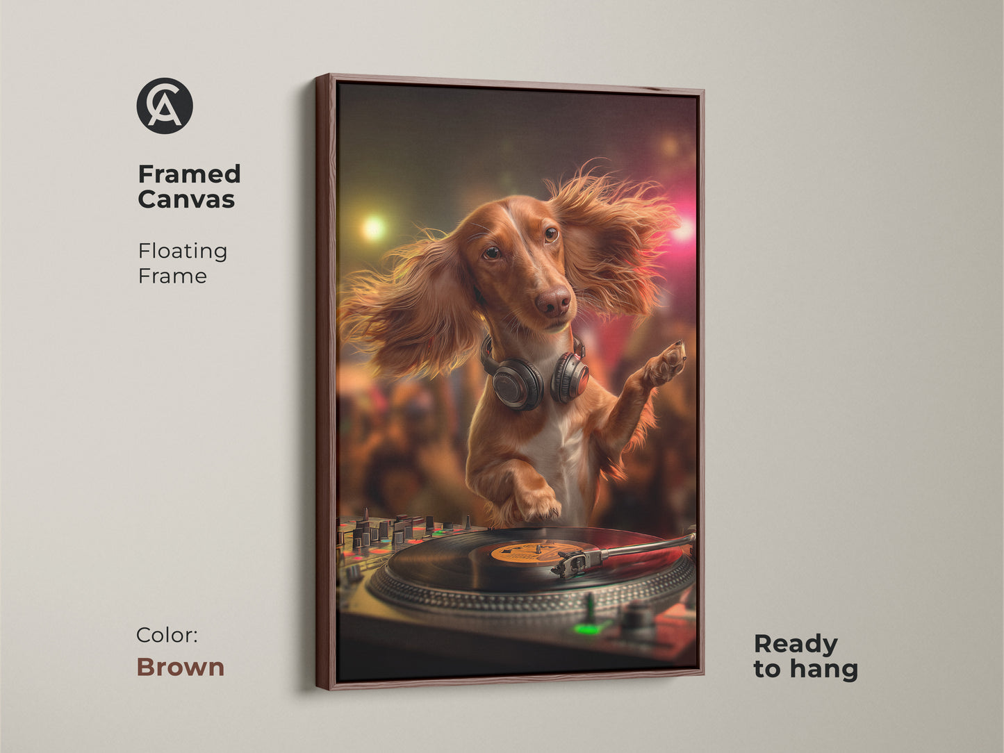 Framed canvas featuring a Dachshund DJ with a floating brown frame. This eclectic animal print enhances any space. It's a great conversation starter. The artwork combines brown red and gold tones. Ready to hang and enjoy.