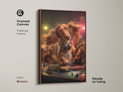Framed canvas featuring a Dachshund DJ with a floating brown frame. This eclectic animal print enhances any space. It's a great conversation starter. The artwork combines brown red and gold tones. Ready to hang and enjoy.