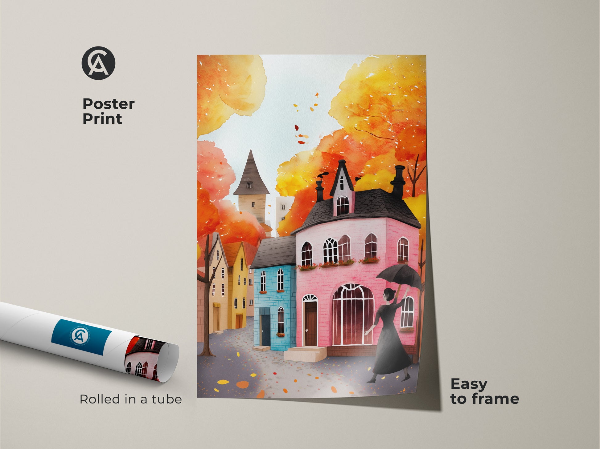 Poster print of a watercolor autumn cityscape. The artwork shows a woman with an umbrella and charming houses. Rolled in a tube for easy framing this print is perfect for fall decor. The yellow orange and red tones create a cozy aesthetic. Add an eclectic touch to your home with this wall art.