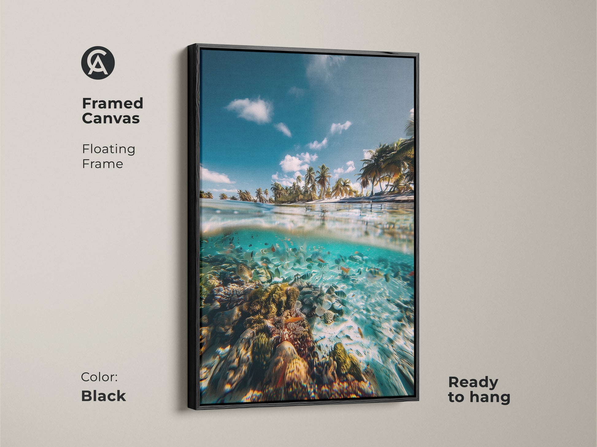 Black framed canvas print of an ocean split view. The artwork features a tropical beach and fish school over a coral reef. Ready to hang coastal decor.