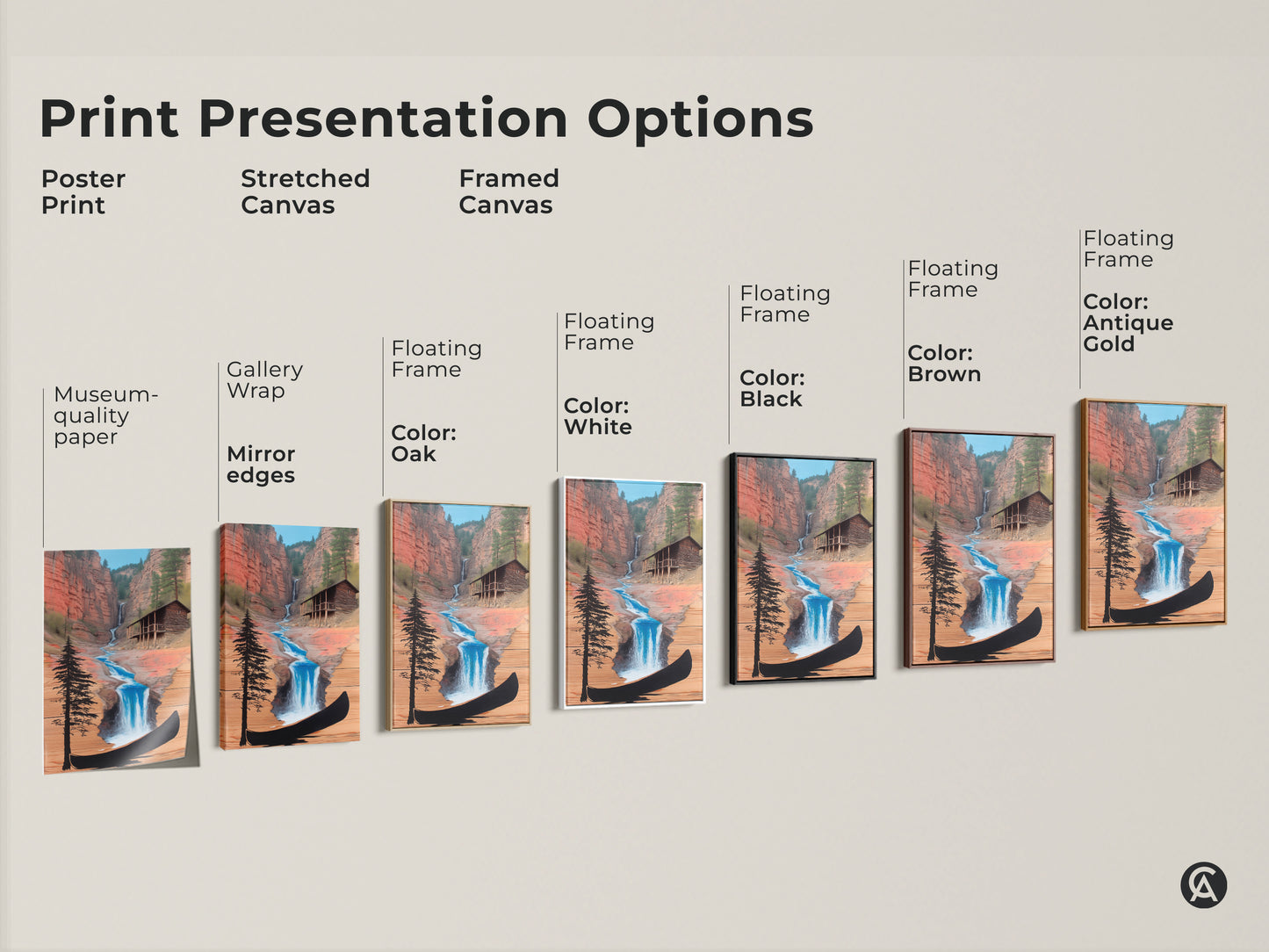 Print Presentation Options for Rustic Cabin Waterfall. Poster prints and stretched canvas art is available. Framed canvas floating frames include black brown antique gold and white.