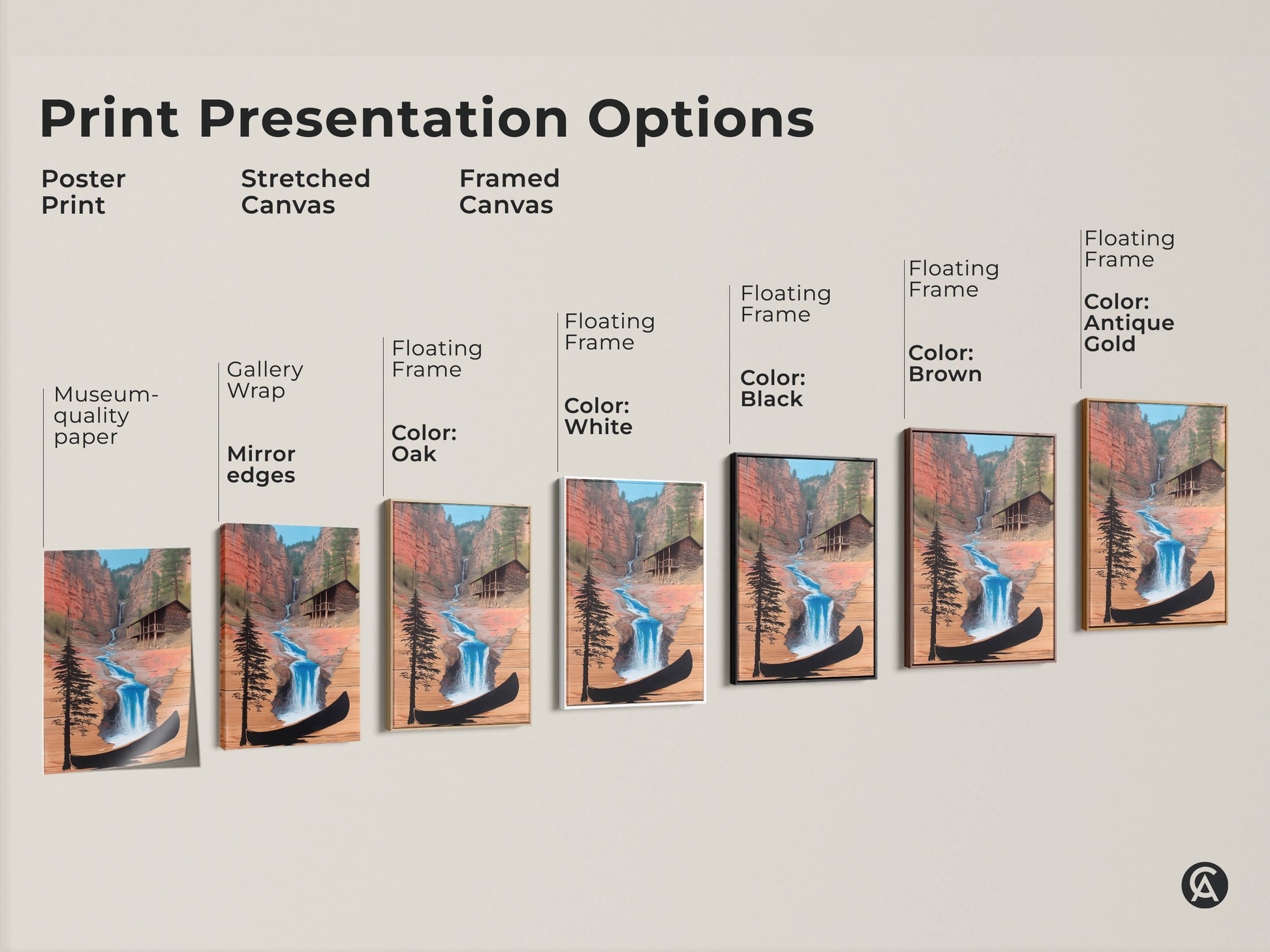 Print Presentation Options for Rustic Cabin Waterfall. Poster prints and stretched canvas art is available. Framed canvas floating frames include black brown antique gold and white.