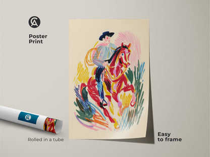 Poster print of a cowboy riding a horse rolled in a tube. This western rodeo canvas print is easy to frame. The art features an expressionistic style with red yellow and pink.