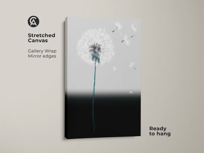 Stretched canvas art featuring a minimalist dandelion. The abstract botanical artwork has teal and gray seeds floating. It's a modern line art decor piece. The canvas is ready to hang with gallery-wrapped mirror edges. Ideal as minimalist home decor art.