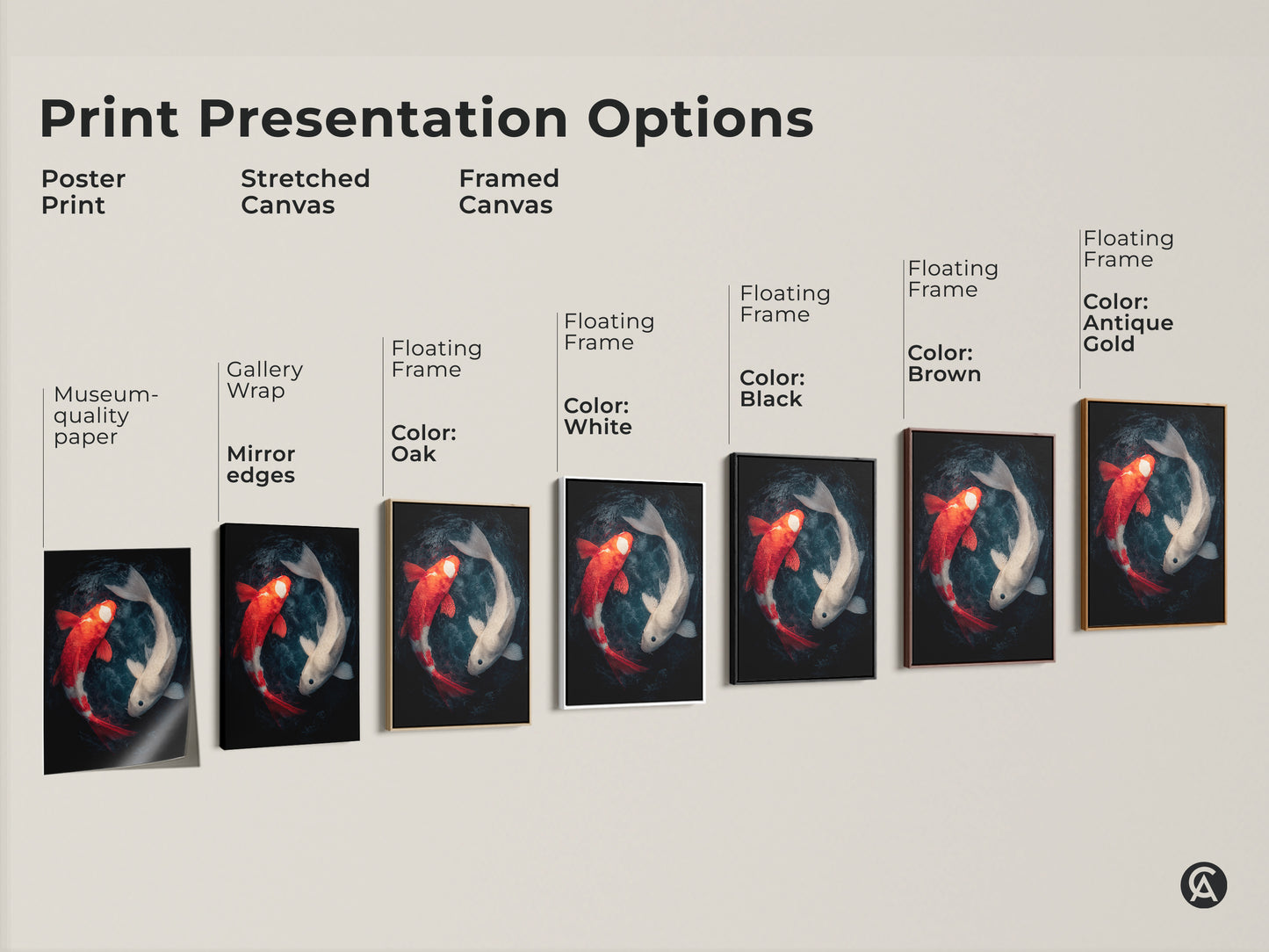Various presentation options are displayed for this unique koi fish artwork. Choose from poster prints or stretched canvas. You can also select framed canvas with different frame colors. 