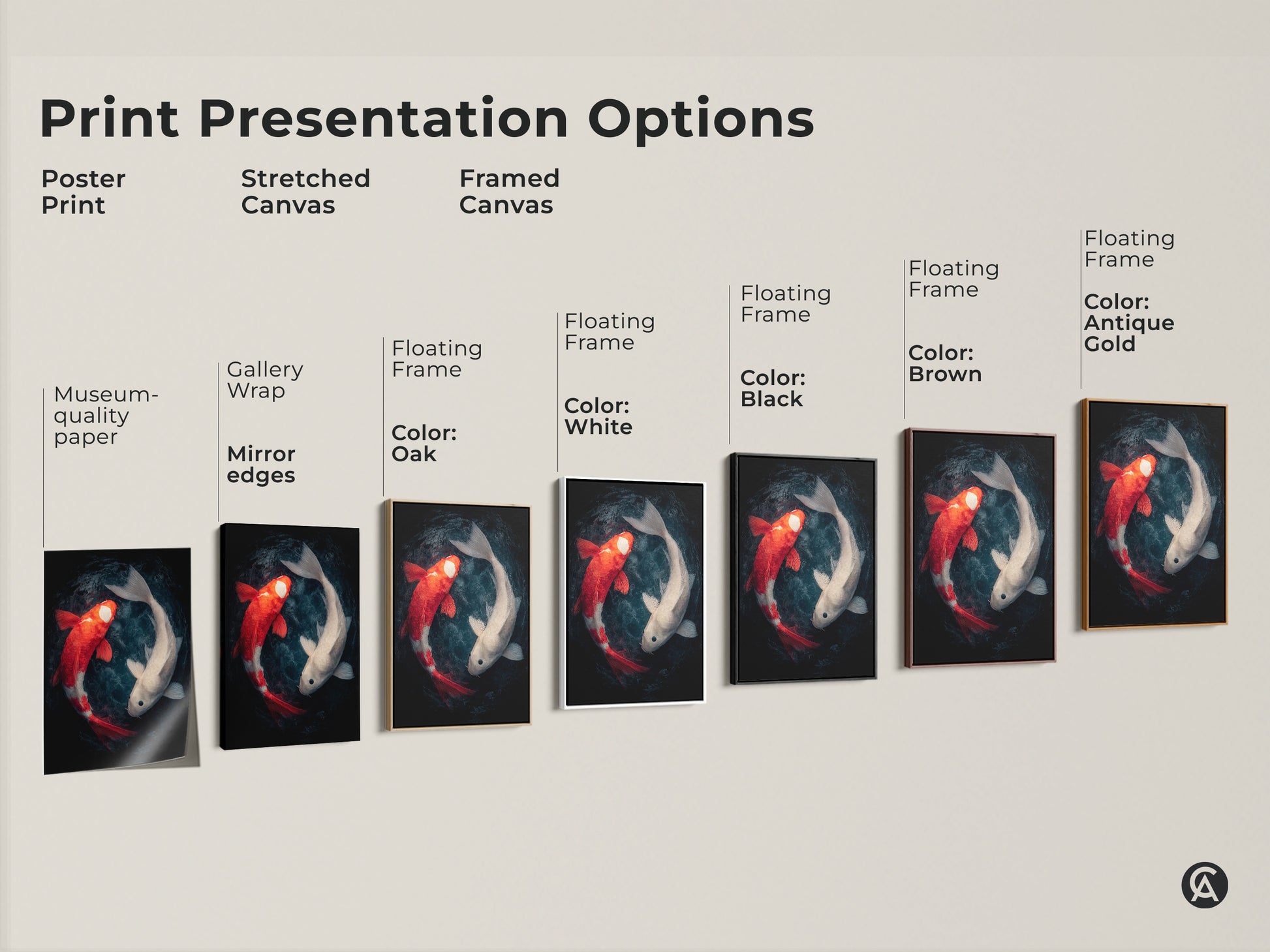 Various presentation options are displayed for this unique koi fish artwork. Choose from poster prints or stretched canvas. You can also select framed canvas with different frame colors. 